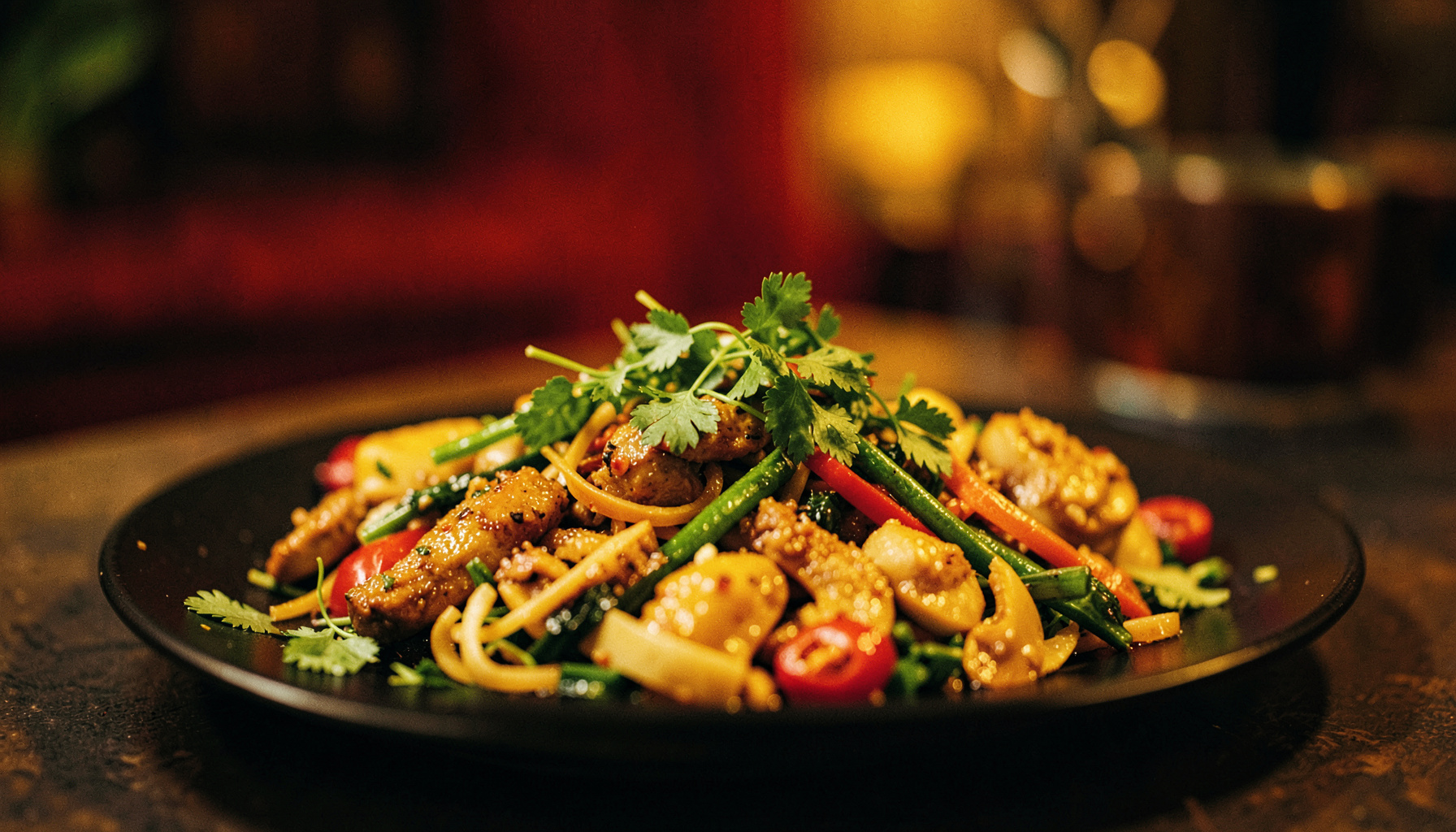A wide, shallow-depth-of-field shot of a colorful vegan Thai meal with fresh herbs and vegetables arranged on a dark plate, warm deep red and mustard yellow tones glowing softly in the background, cozy and appetizing mood