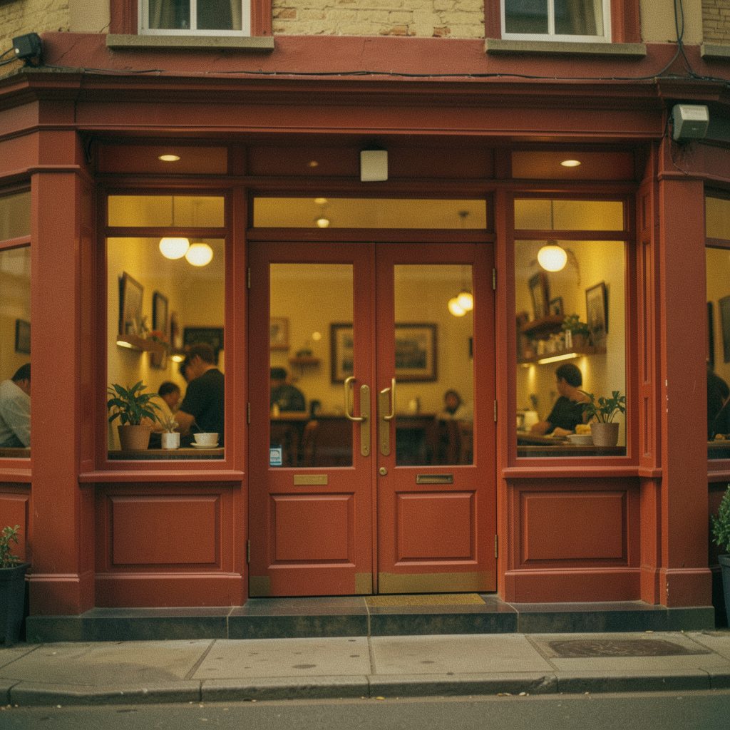 Simple warm illustration of a cozy restaurant storefront entrance in deep red and mustard tones, inviting and calm mood