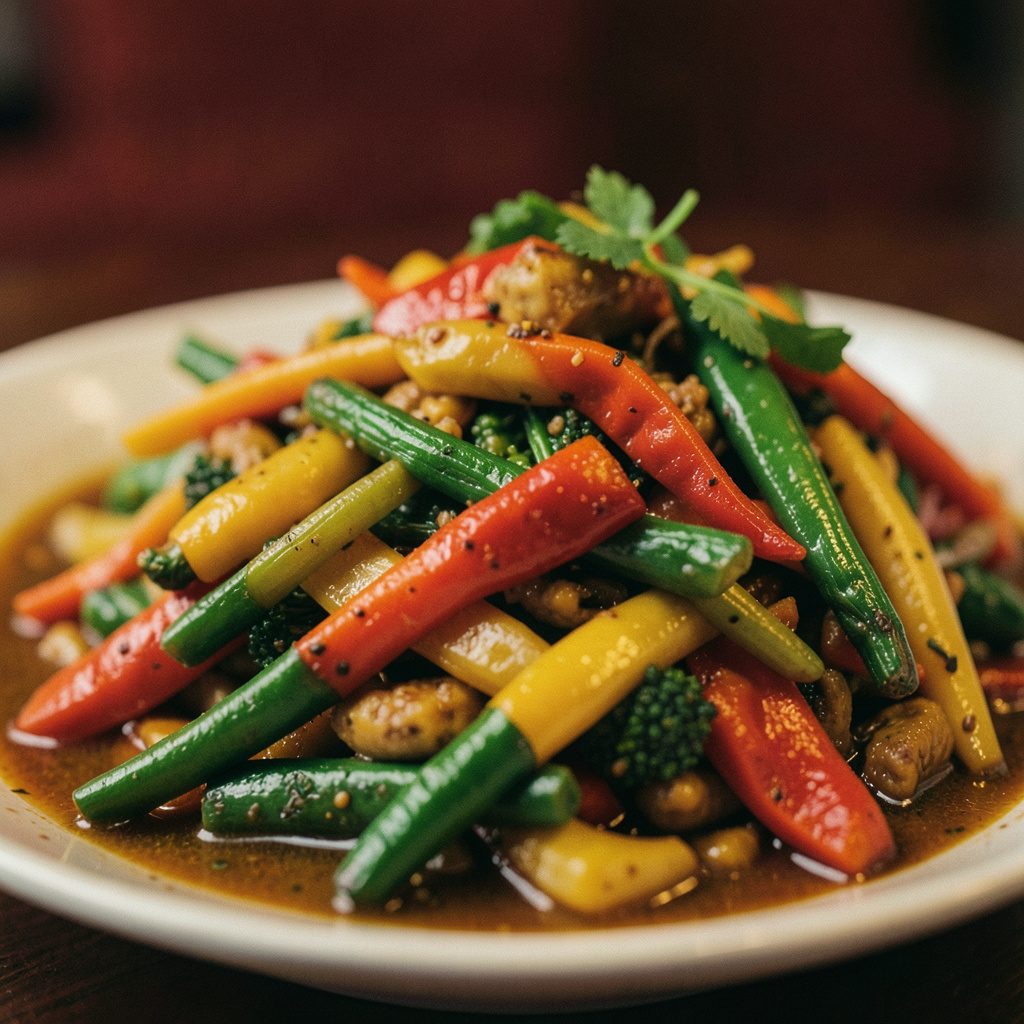 Close-up of a vibrant vegan Thai stir-fry with colorful vegetables, shallow depth of field, deep red and mustard tones