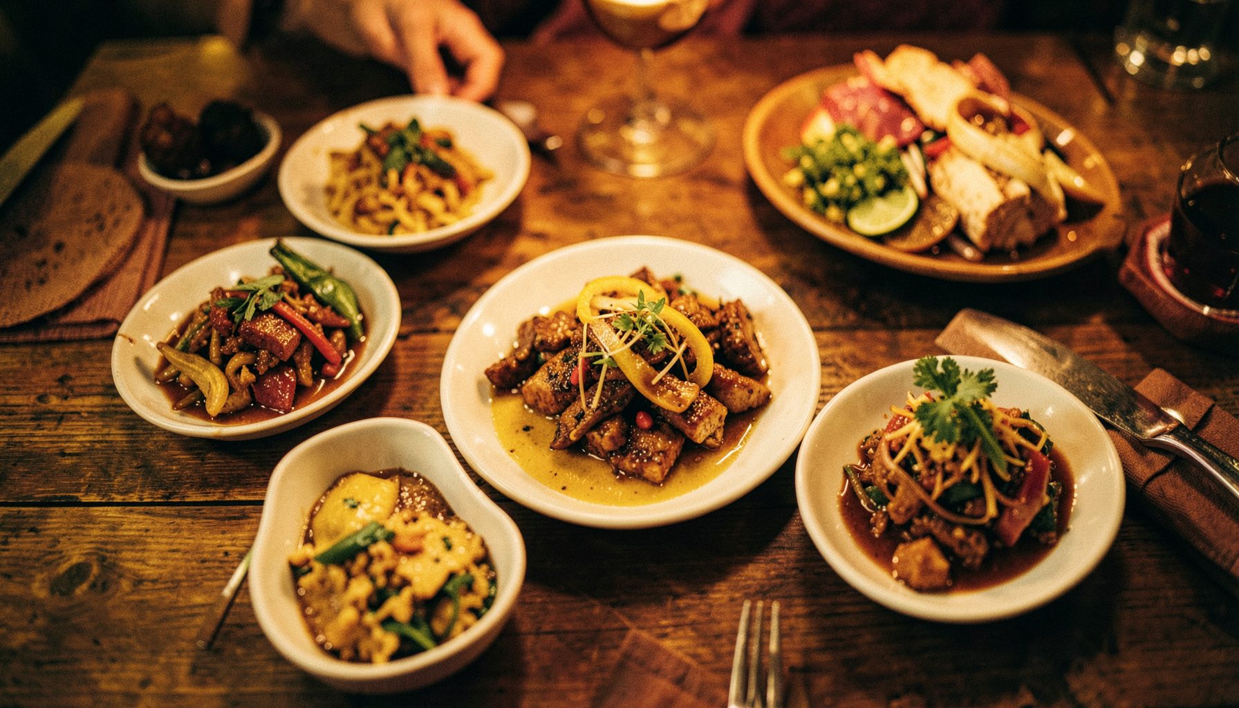 A warm cinematic overhead frame of a wooden table set with softly lit vegan Thai dishes, mustard and crimson tones, shallow depth of field, cozy and inviting mood.