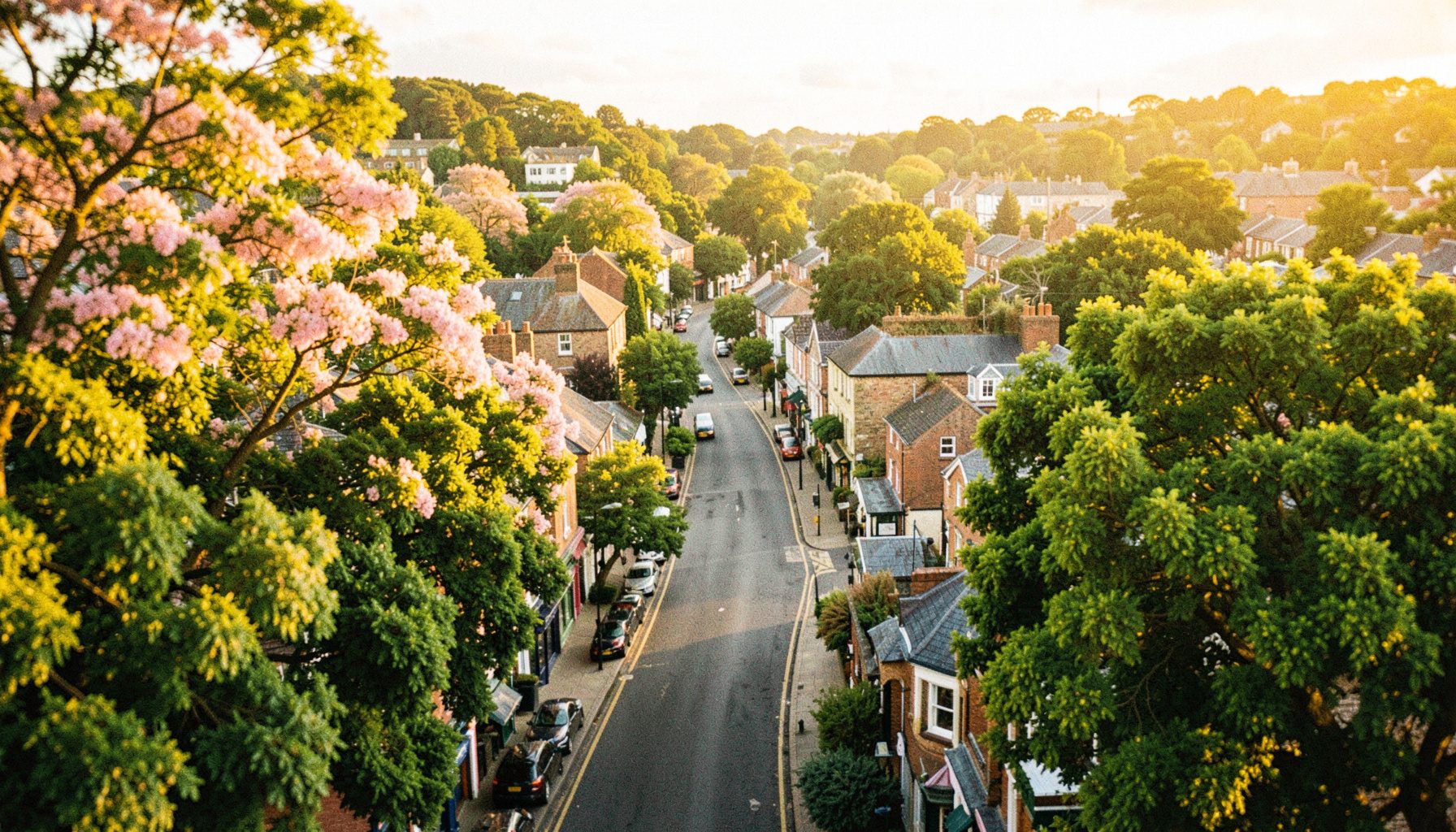 Aerial view of Launceston streets framed by soft pink and green tree canopies, bathed in golden afternoon light