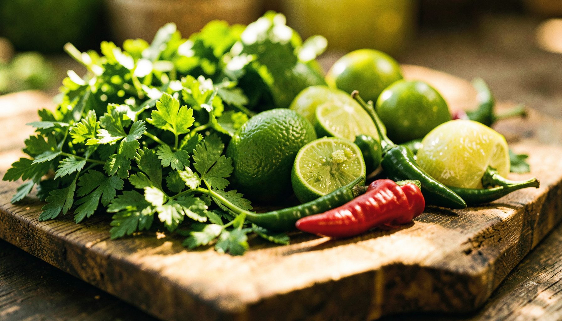 Close-up frame of fresh green herbs, limes, and chillies arranged on a rustic wooden board, warm natural light, shallow depth of field, vibrant and appetising mood.