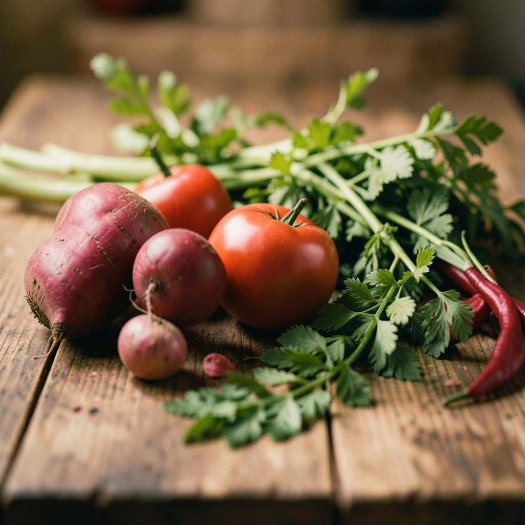 Soft close-up of fresh vegetables and herbs on a wooden surface, deep red and dusty pink tones, calm welcoming mood