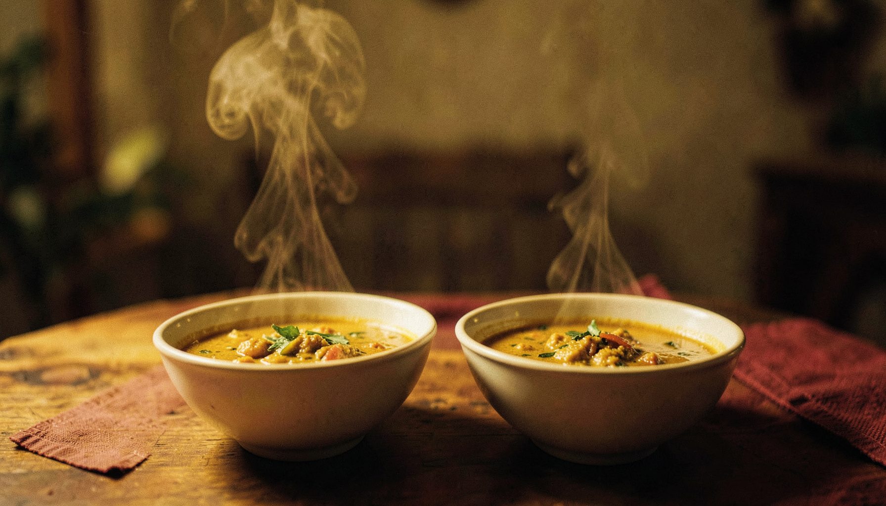 Softly lit tabletop frame with two ceramic bowls of steaming vegan curry, mustard and crimson colour palette, steam rising, cozy and comforting atmosphere.